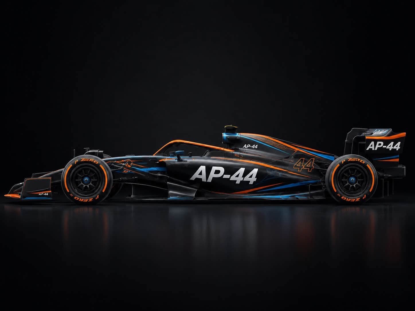 Black AP-44 concept racing car with orange and blue accents, viewed from the side.