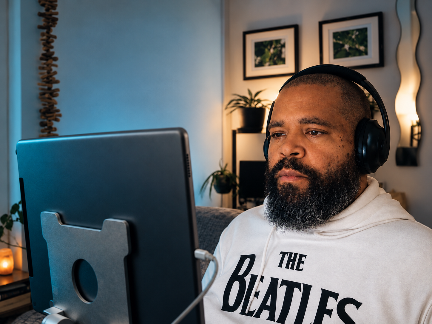 Stewart working at his mounted screen, wearing headphones.