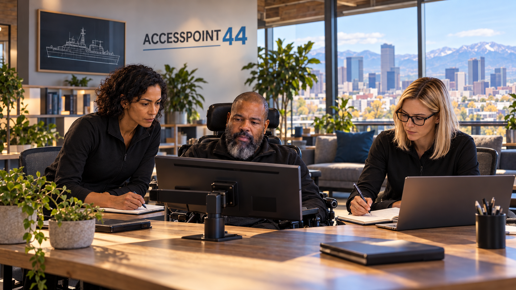 Concept illustration of Stewart in his power wheelchair collaborating with two imagined AI colleagues in a Denver workspace.