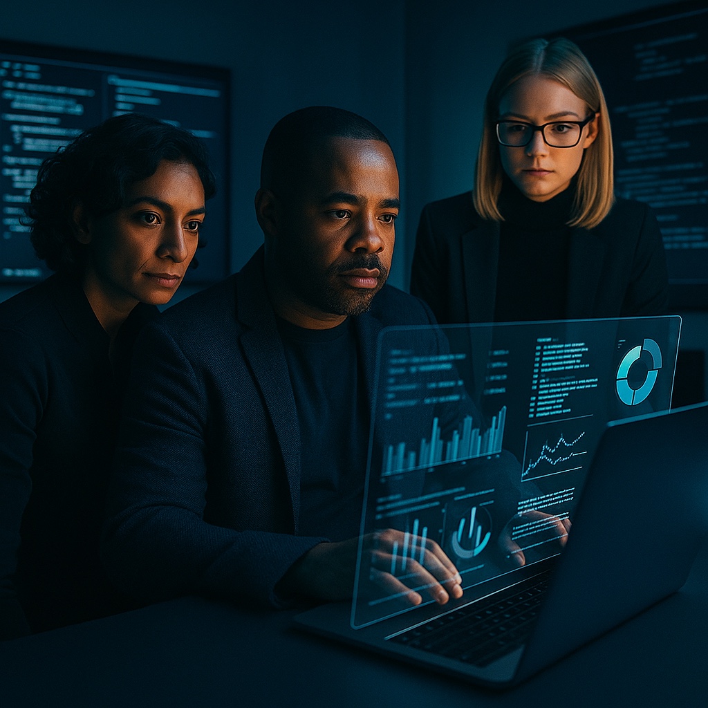 Conceptual artwork of collaborators examining a digital interface